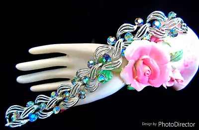 Vintage Lisner Signed Peacock Blue Aurora Borealis Rhinestone Rhodium Bracelet • $45