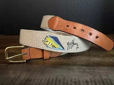 VTG Guy Harvey Mahi Mahi Brown Tan Canvas Fishing Belt Men Fits 38inch Waist • $12.99