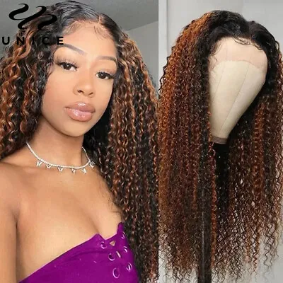 Mongolian Ombre Highlight Balayage Brown Curly 13x4 Lace Front Human Hair Wig US • $144.34