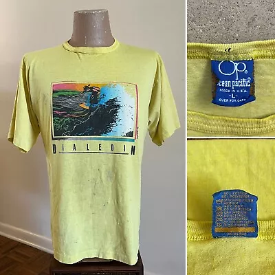 VTG 1986 Ocean Pacific Dialedin Yellow Large T Shirt Surfboard 80s OP Beach • $40