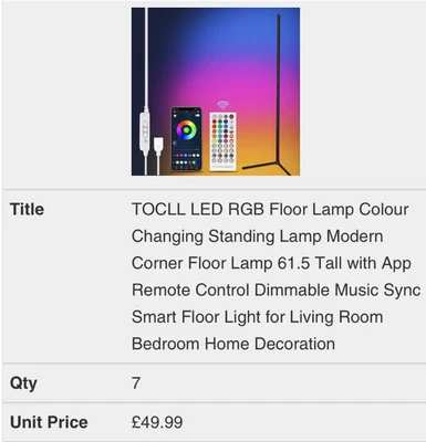 £37.99 • Buy TOCLL LED RGB Standing Corner Lamp Colour Changing 156cm Tall With App/Remote