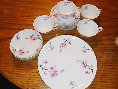 Diamond China Cherry Blossom Plates Bowls Footed Cups & Saucers 17 Pc • $20