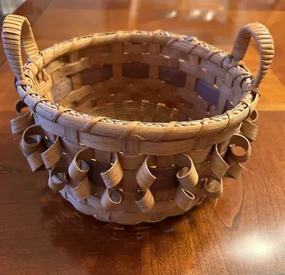 Artisan Hand Woven Double Handled Round Vintage Basket With Curly Accents • $19