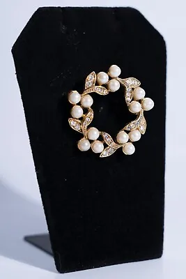 Vintage Brooch - Gold Tone Floral Wreath With Rhinestones & Faux Pearls 1.25  • $10.39