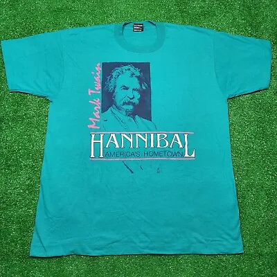 Vintage 90's Mark Twain Hannibal Hometown T-Shirt Blue Size XL Made In USA FOTL • $28