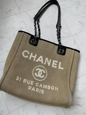 CHANEL Deauville Line PM CC Logo Tote Canvas Shoulder Bag Beige Used 230530T • $1859.78