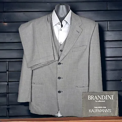 Brandini 3 Piece Suit Mens 44R 34X30 Gray Nailhead Wool 3 Button Ventless • $110