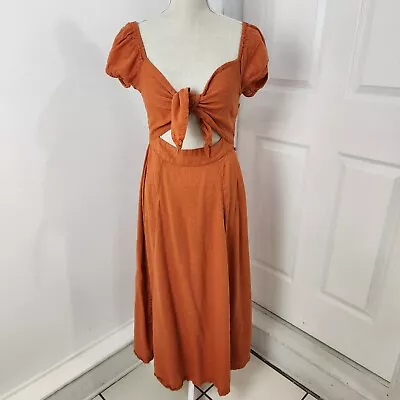 Free People Dress Womens S Orange Maxi Tie Front Smocked Side Button Slit Boho • $29.97