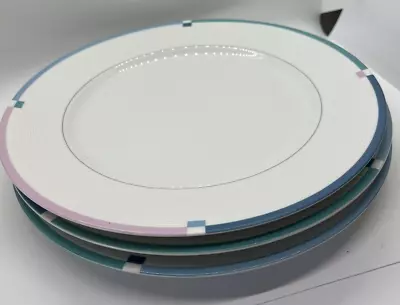 3 MIKASA Dinner Plates JET SET PASTELS L5543 PINK BLUE TEAL Y2k 80s Vintage • $25.99