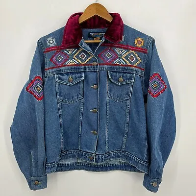 Shaver Lake Denim Jacket Women's M Blue Aztec Tribal Print Vintage 1990's • $22.45