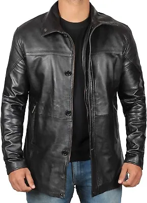 Black Leather Car Coat ¾ Length Real Leather Jacket For Men • $125