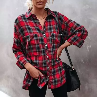 Womens Check Plaid Shirt Ladies Long Sleeve Loose Button Down Tartan Blouse Tops • £9.59