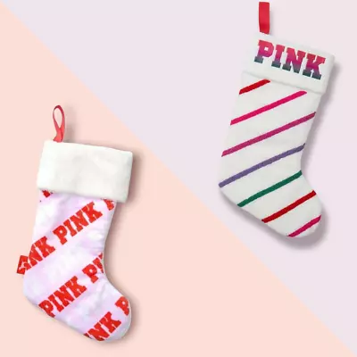 Victoria's Secret Pink Sherpa Striped Holiday Stocking/ Pink Red Logo Christmas • $10.50