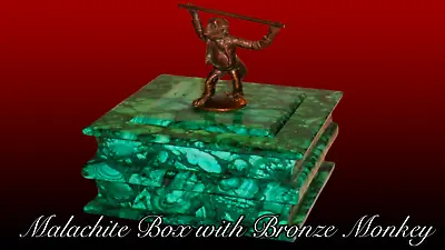 Superb Quality Malachite Box With Miniature Bronze Monkey From Joliet IL Mansion • $349