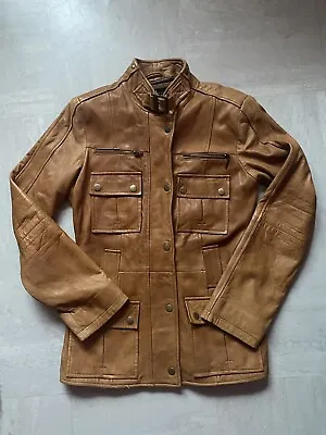 ZARA Tan Brown Real Leather Biker Safari Style Jacket Size S • $147.98