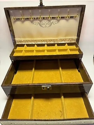 Vintage Mele 3 Tier Jewelry Box With Key Faux Gold Leather Gold Velvet Lining • $75