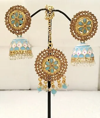 New Blue Bridal Maang Tikka Earring Set Pearl Kundan CZ Gold Tone Indian Jewelry • $12.38