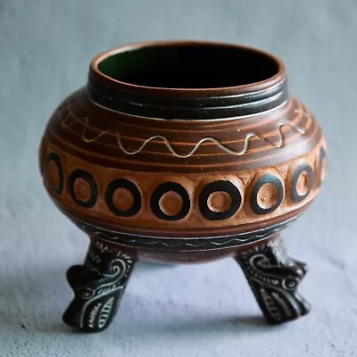 Vintage Mexican Pottery Tripod Vessel Red Pigment With Etched Design • $58.99