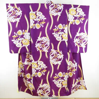 Antique Komon Kimono Silk Floral Circle Design Purple 57.1inch Women's • £42.75