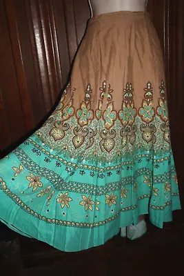 Coldwater Creek Linen Mexican Circle Skirt L Turquoise Brown Sequins Boho Artsy • $28