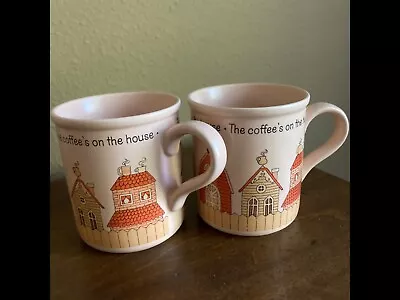 Coffee Mugs Set Of  2 Vintage Stoneware  -- The Coffee's On The House. • $12