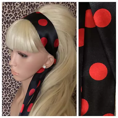 BLACK RED POLKA DOT SATIN FABRIC HAIR SCARF HEADBAND SELF TIE BOW 50s 60s RETRO • £4.99