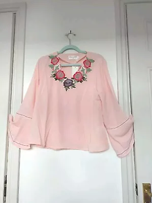 Vintage Style Embroidered V Neck Blouse With Bell Sleeves L New With Tag • £8.49