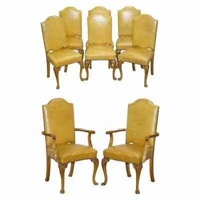 £3500 • Buy 8 Art Deco Walnut Hand Carved Leather Denby & Spinks Dining Chairs Part Of Suite