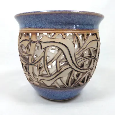 $60 • Buy Studio Art Pottery Pierced Bowl Candle Holder Blue Iron Wash Signed Pendleton K.
