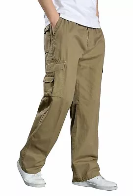 YGT Men's Full Elastic Waist Cargo Pants Lightweight Cotton Workwear Pants • $13.99