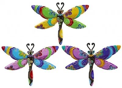 3 X Colourful Dragonfly Metal Garden Wall Hanging Fence Ornament Decoration 19cm • £8.99