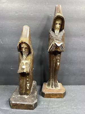 2 Vintage Friar Monk Hand Carved Wood Priest Bible Hood Bookends Figure Religion • $29.95