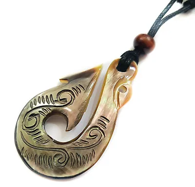 Mother Of Pearl Shell Maori Fish Hook Tribal Pendant Beads Cord Necklace FA021-L • $17.99