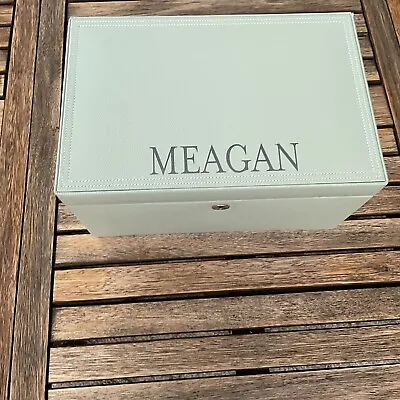 Pottery Barn Mckenna WOLF Large Jewelry Box Leather Porcelain Blue MONOGRAMMED • $159.95