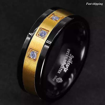 ATOP 8mm Black Tungsten Ring Gold Diamonds Wedding Band Men & Women Gift Jewelry • $23.74