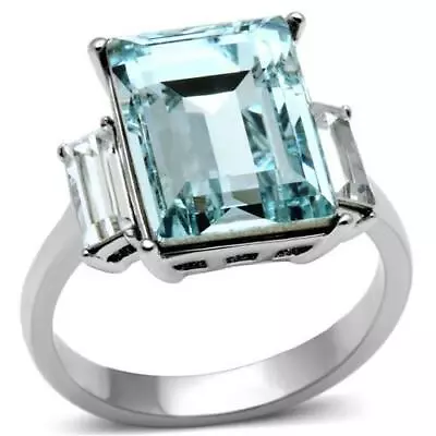 Ladies Blue Topaz Ring Silver Emerald Cut Three Stone Radiant Steel CZ • £22.95