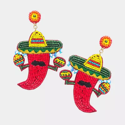 NEW Cute Red Chili Pepper W/ Mustache & Sombrero Hat Beaded Multi-Color Earrings • $16.95