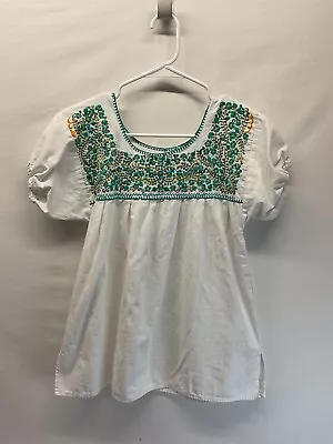 Mexican Top Handmade White Embroidered Floral Cotton  Size S/M Gorgeous!! • $16.99