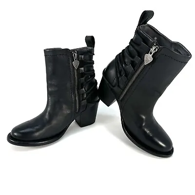 Mark Nason Yuma Flora Ankle Biker Back Laced Heeled Boots Black Leather Women 6 • $69.99