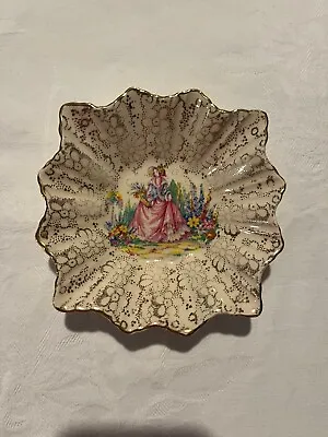 Vintage H&k Tunstall Pink Crinoline Lady Dish With All Over Gold Floral Design • $25