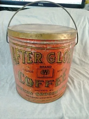 Antique Tin Pail After Glow Coffee Marshalltown Iowa 4 Lbs Western Grocer Mills • $39