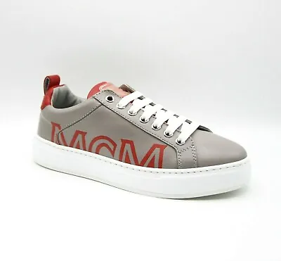 $550 MCM Women's Grey Leather Low-top Sneaker With Red Trim And Logo MES9AMM16EG • $170