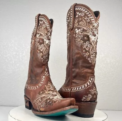 Lane Chloe Brown Cowboy Boots 7.5 Floral Embroidered Leather Western Wedding • $70