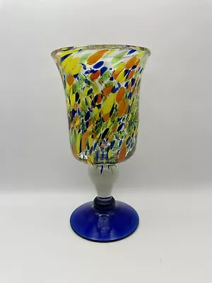 Handblown Studio Art Glass Vase Goblet Speckled/Confetti  Blue Base 7  • $14.97