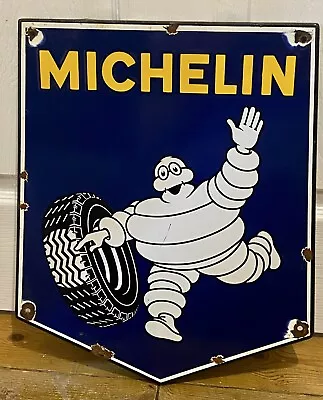 Large Bibendum Michelin Man Tyres Dealer Tire Shop Enamel Advertising Sign • £230