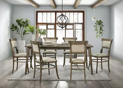 Dining Table Set Bistro Vintage Walnut 7 Pcs 72  Off White Fabric Dining Chairs • $1033.26