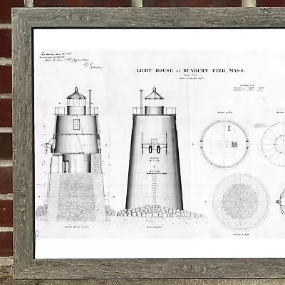 Duxbury Pier Lighthouse Plymouth MA  20x26” Framed Blueprint Schematic VTG 1872 • $79.95
