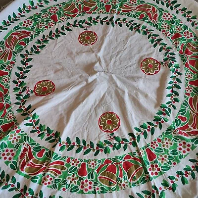Vintage 60  Round Red Green Ornaments Dove Bells Christmas Tablecloth W/ Fringe • $19.99