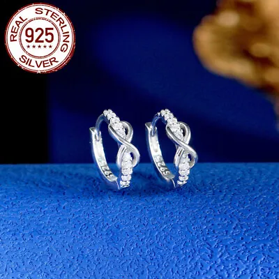 S925 Sterling Silver CZ Round Tennis Hoop Earrings Micro Pave Thin For Women • $8.52