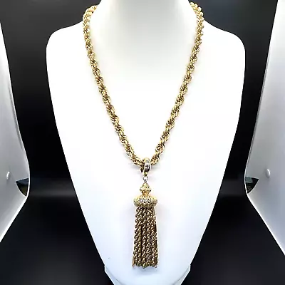 Vintage MONET Gold Tone DAMITA Pendant NECKLACE SIGNED Rope 24” + 3”  Tassel • $53.99